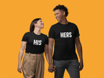 Bella canvas t shirt mockup featuring a smiling couple holding hands in a studio m36302 1